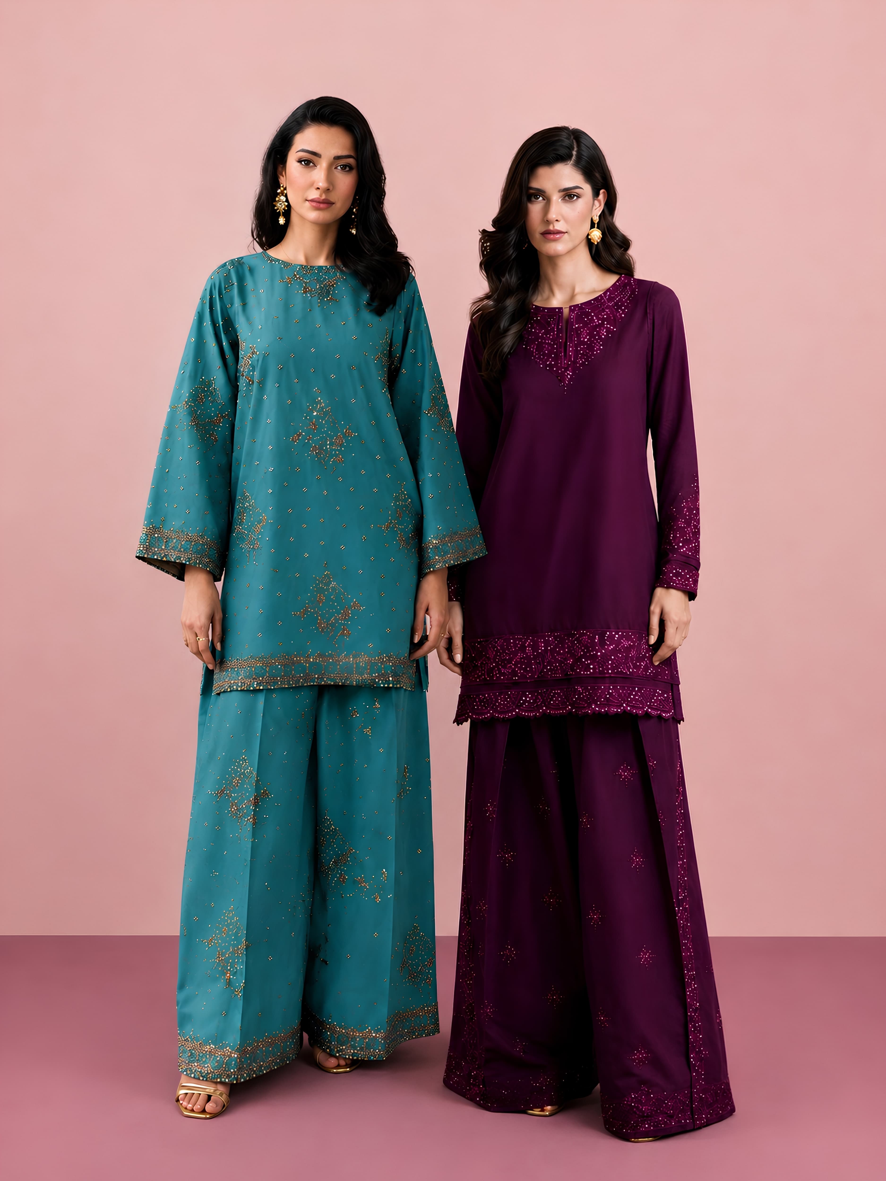 32HA Luxury Airjet Lawn Embroidered Coords | Plum & Sage | TikTok LIVE Exclusive Limited StocK image 1