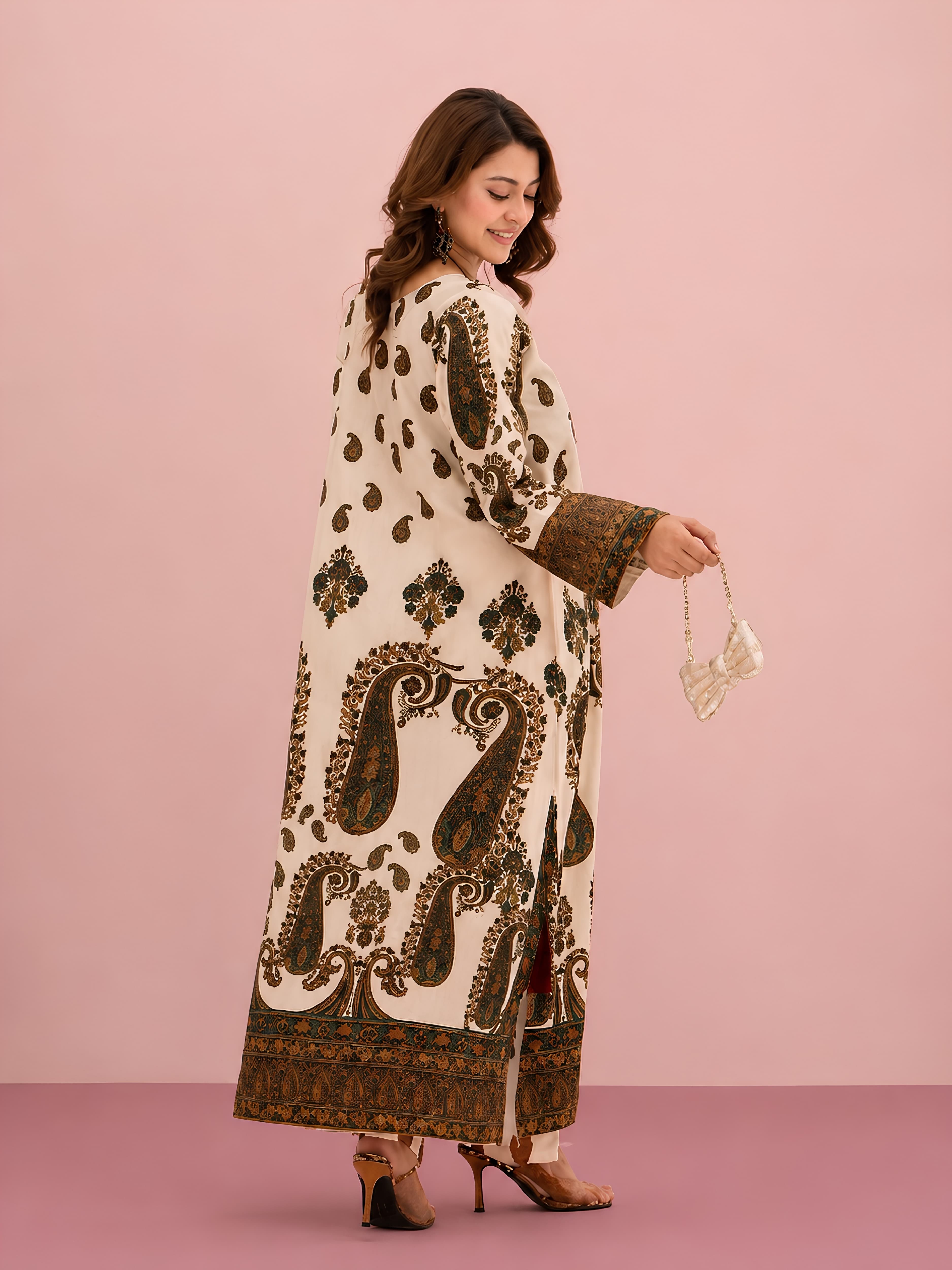 76DA Relax Fit Viral Paisley Print Poly Lawn Silk Kaftan – Modest UK Summer Outfit | Luxury Girls Party & Holiday Wear image 3