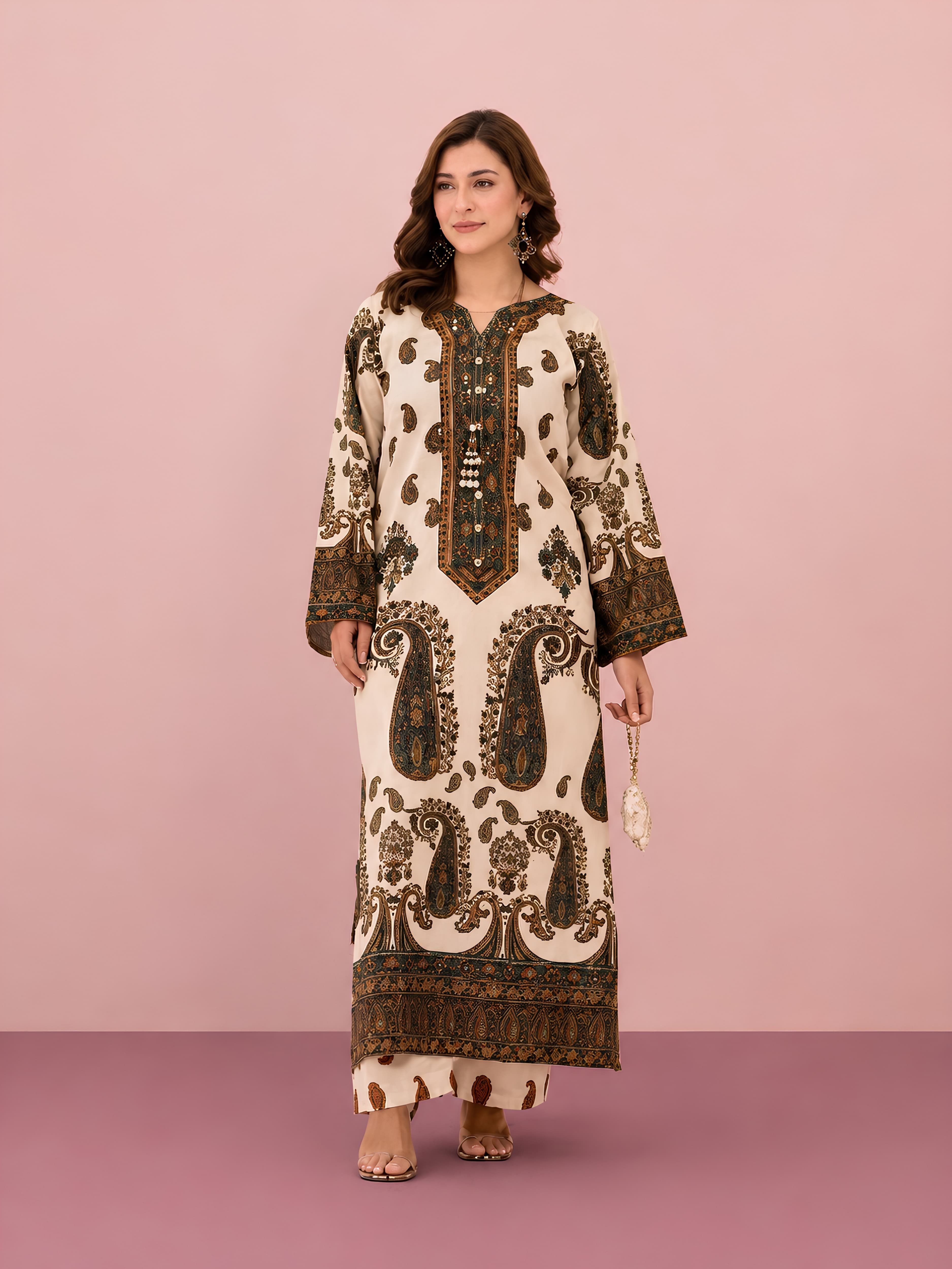 76DA Relax Fit Viral Paisley Print Poly Lawn Silk Kaftan – Modest UK Summer Outfit | Luxury Girls Party & Holiday Wear image 2