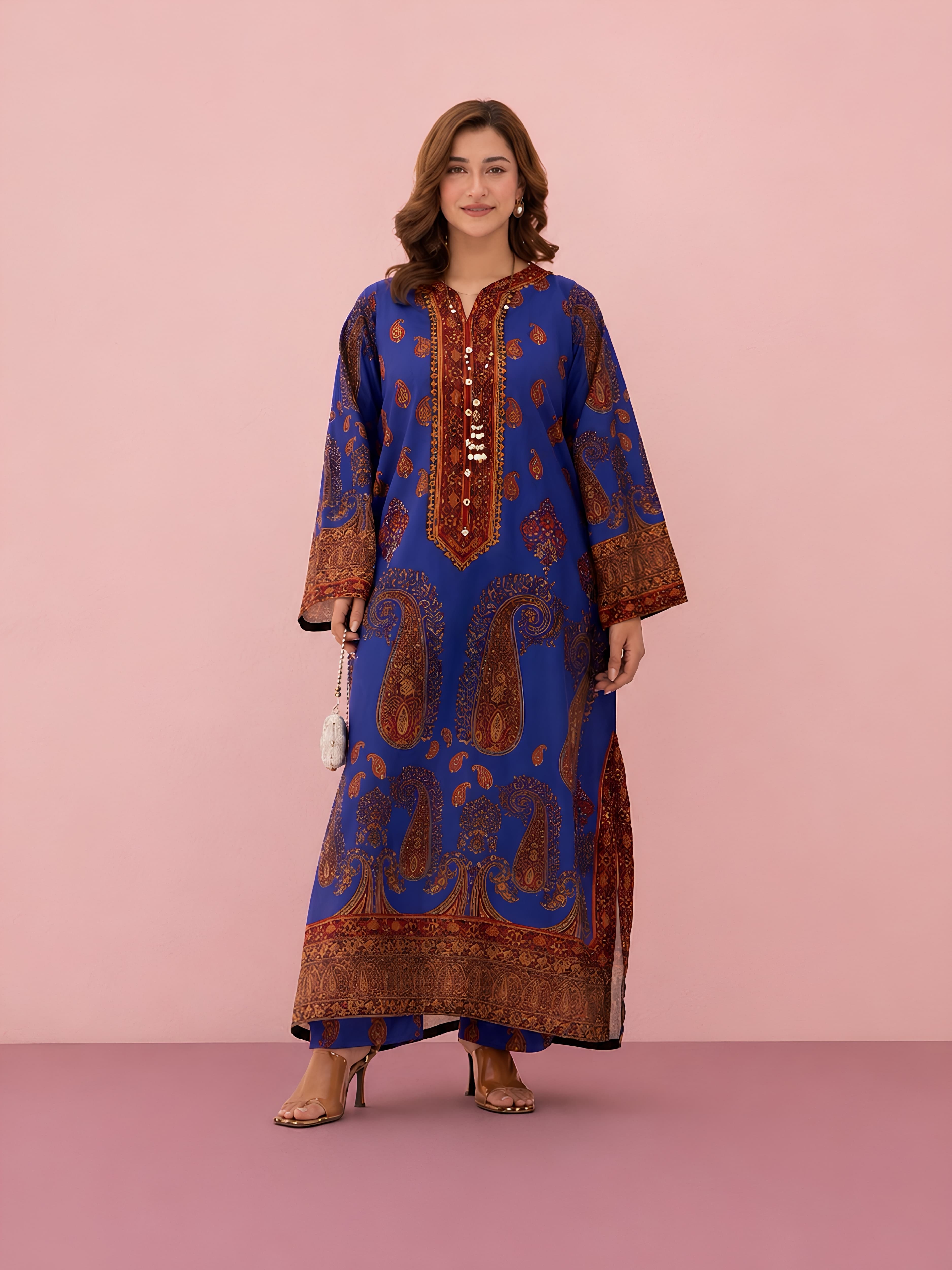 76DA Relax Fit Viral Paisley Print Poly Lawn Silk Kaftan – Modest UK Summer Outfit | Luxury Girls Party & Holiday Wear image 4