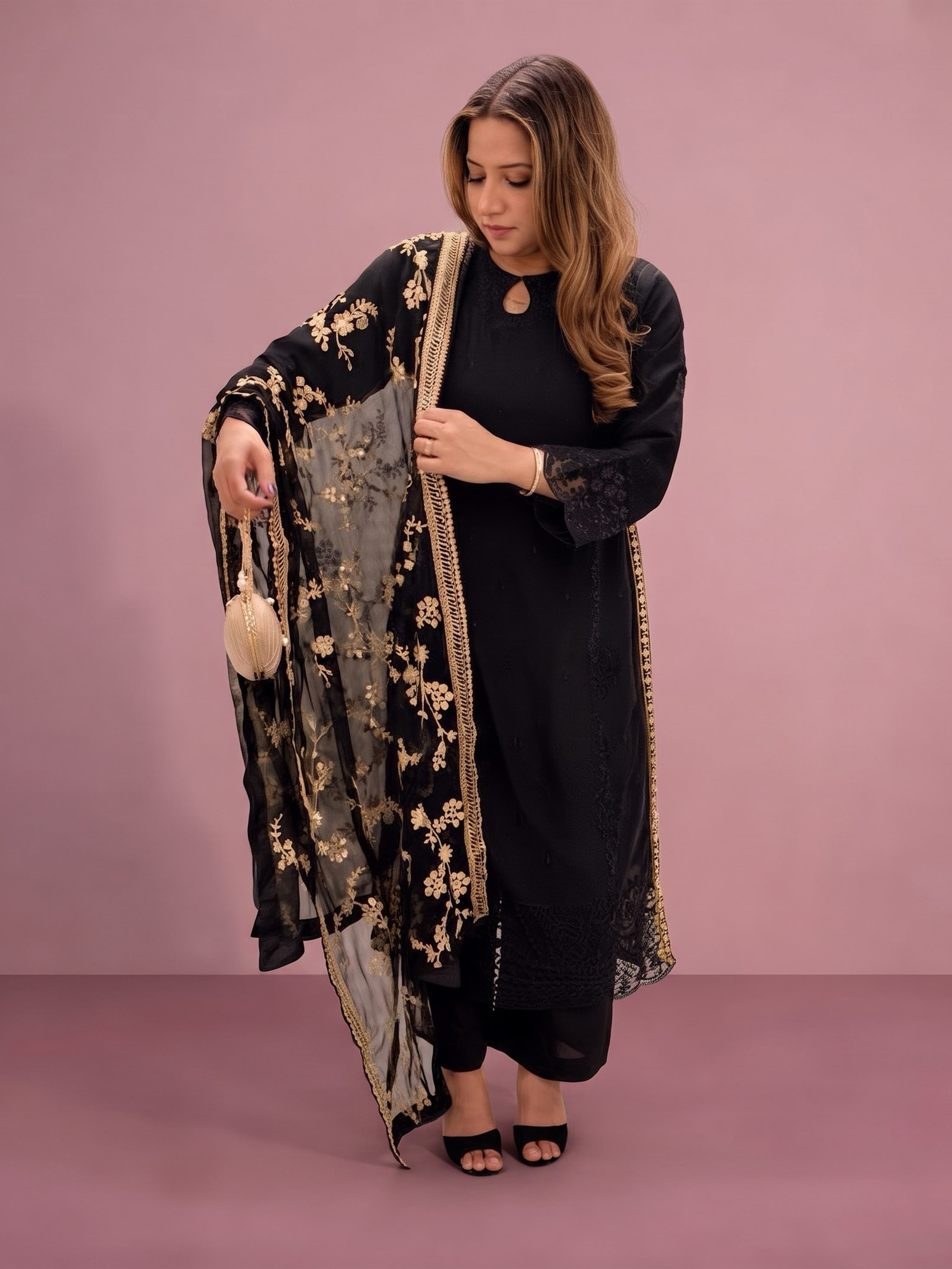 87GS Exclusive Black Gold Chiffon Suit | Wedding Party Must-Have salwar kameez Pakistani Indian fashion Womenswear kids image 4