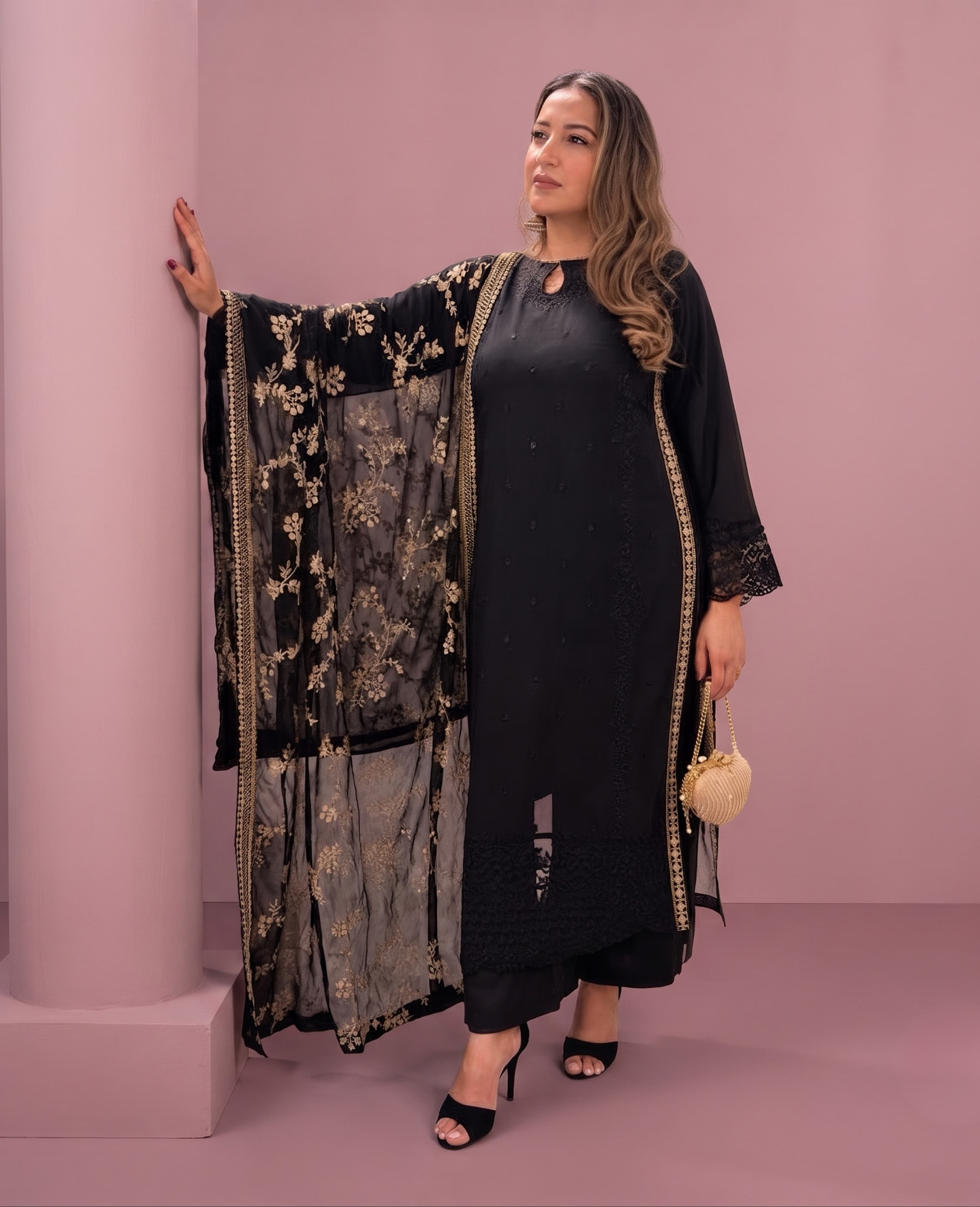 87GS Exclusive Black Gold Chiffon Suit | Wedding Party Must-Have salwar kameez Pakistani Indian fashion Womenswear kids image 1
