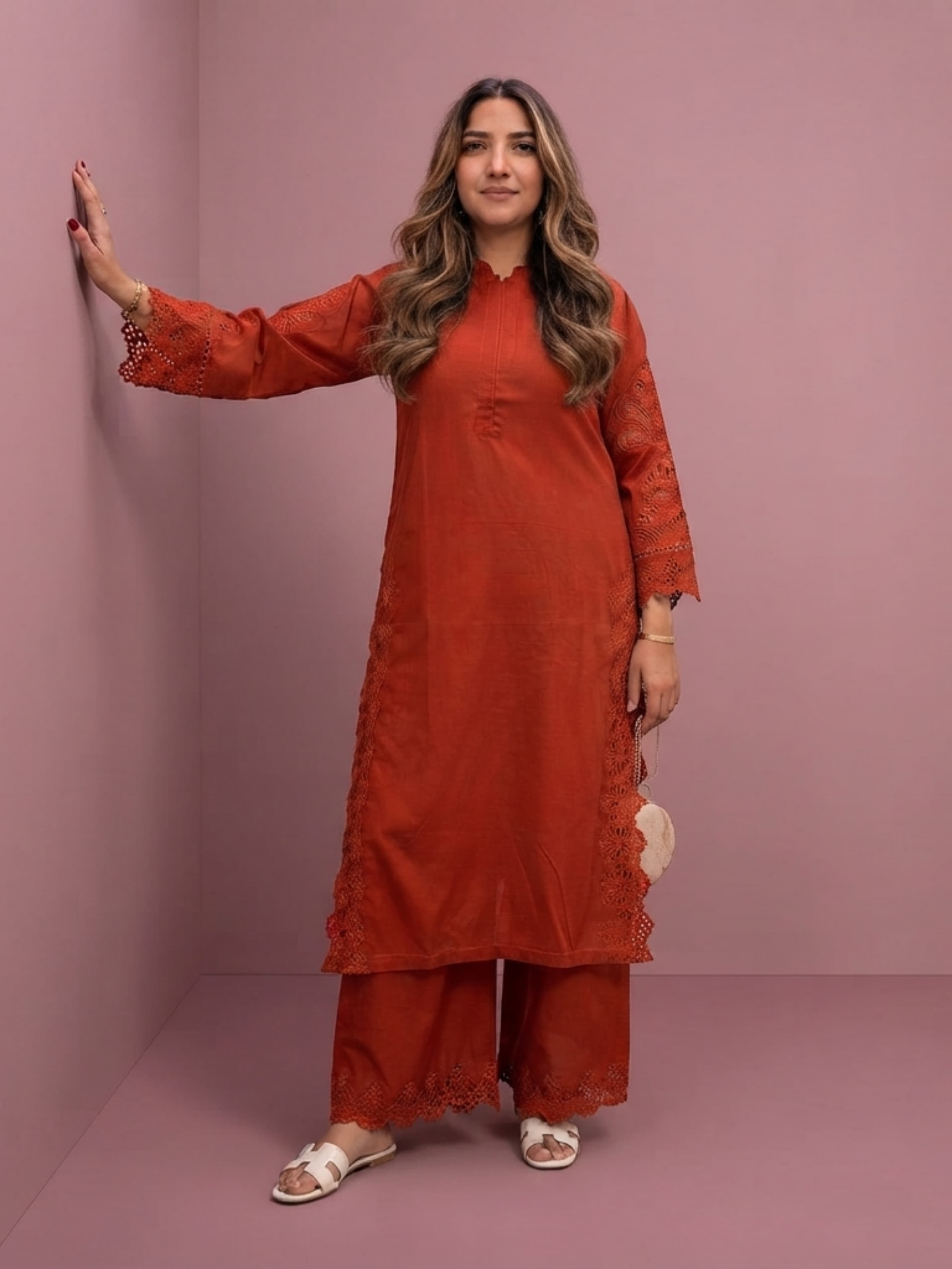 88FQ Burnt orange linen Borg cutwork arms coord set LIMITED stock modern design Pakistani Indian fashion designer ensemble womenswear Clothing Suits Comfort 2 piece Coord set image 2