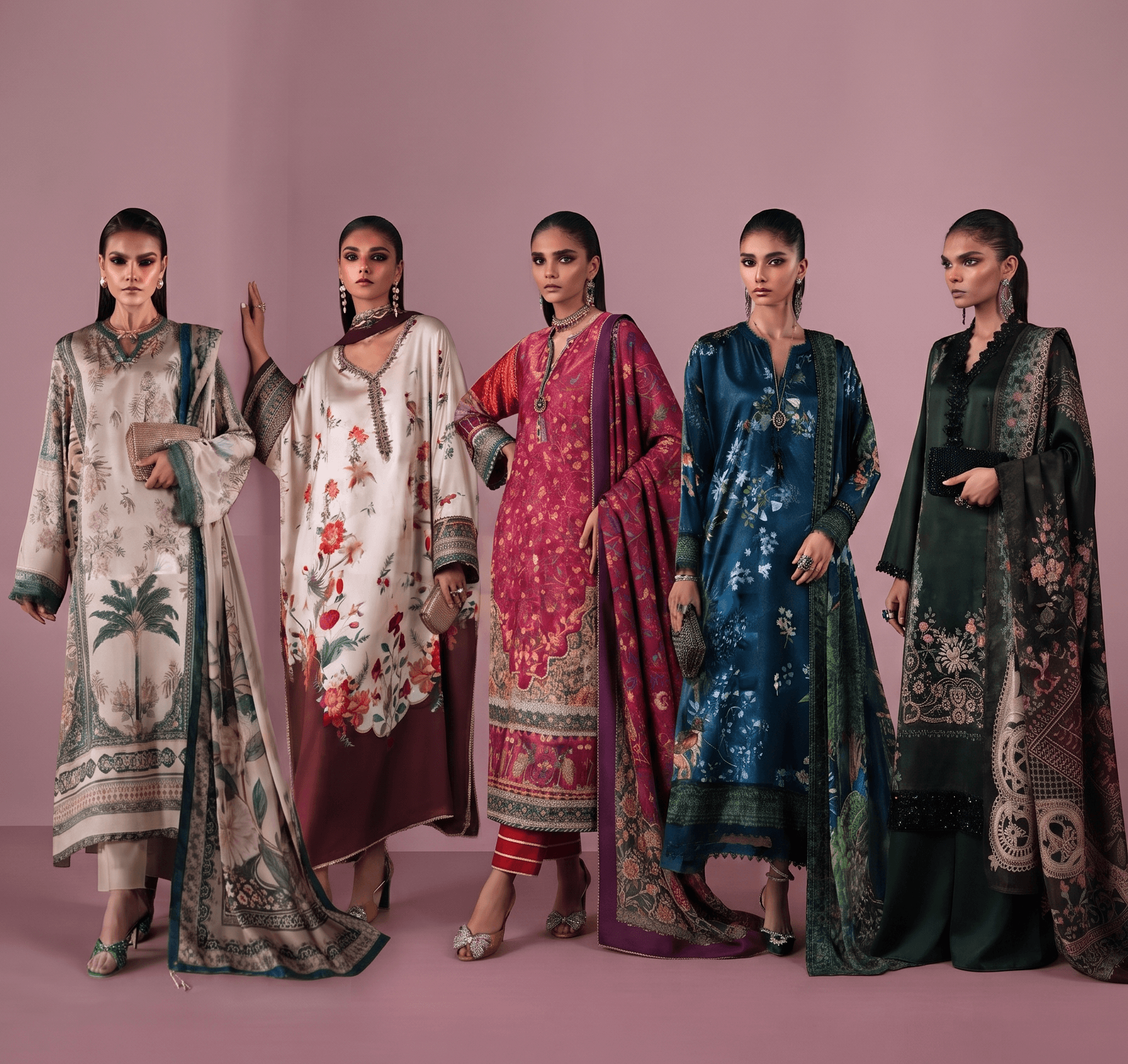 9H52 Lux Silk Collection Suits Salwar Kameez Pakistani Indian Exclusive Designer Styles with Lace & Sequin Detailing Premium Silk Fabric for UK Summer & Holidays image 1
