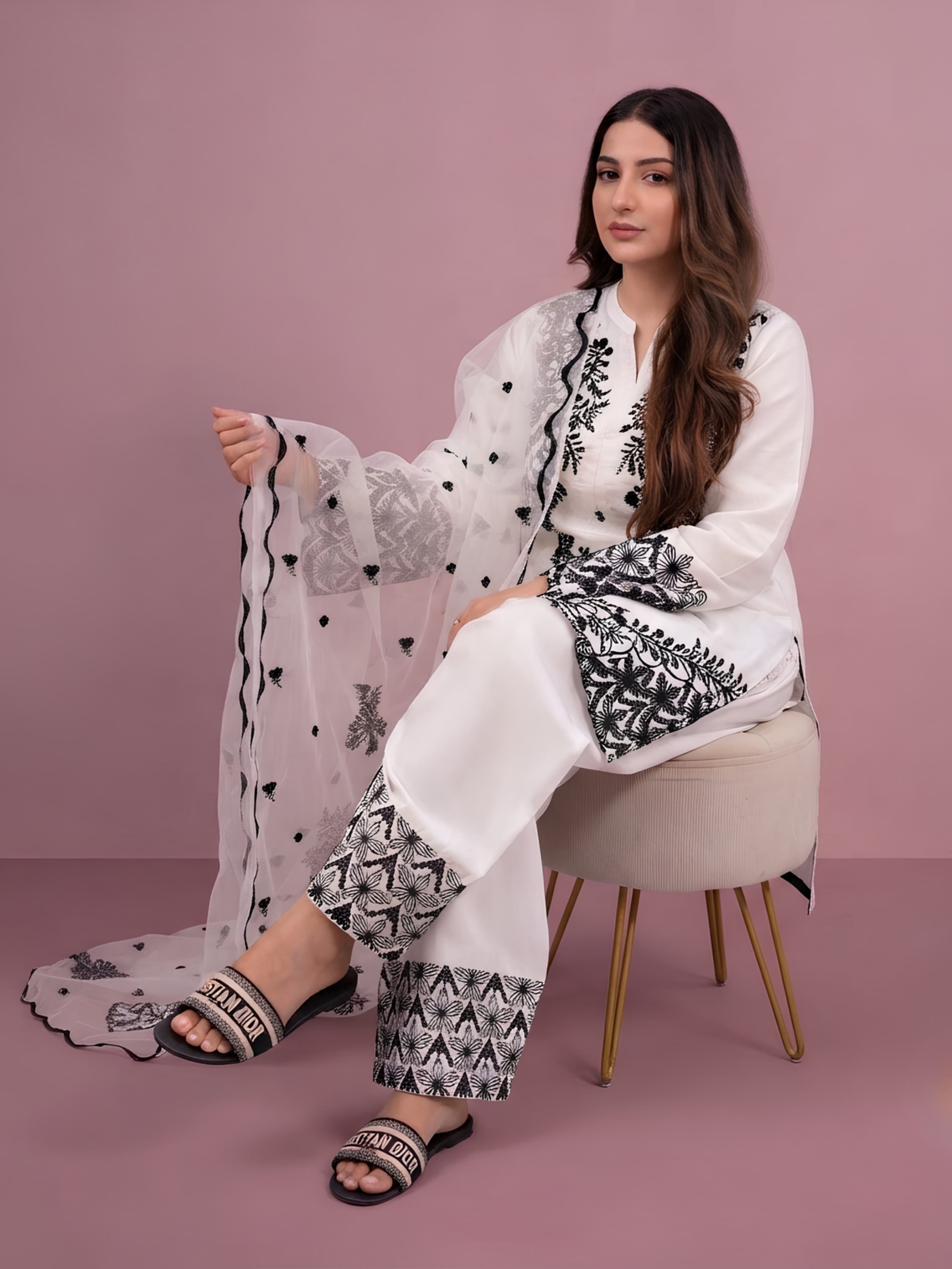 B12W Live-exclusive white black trending farshi women’s farshi shalwar kameez with added sequin embroidery traditional Pakistani Indian image 2