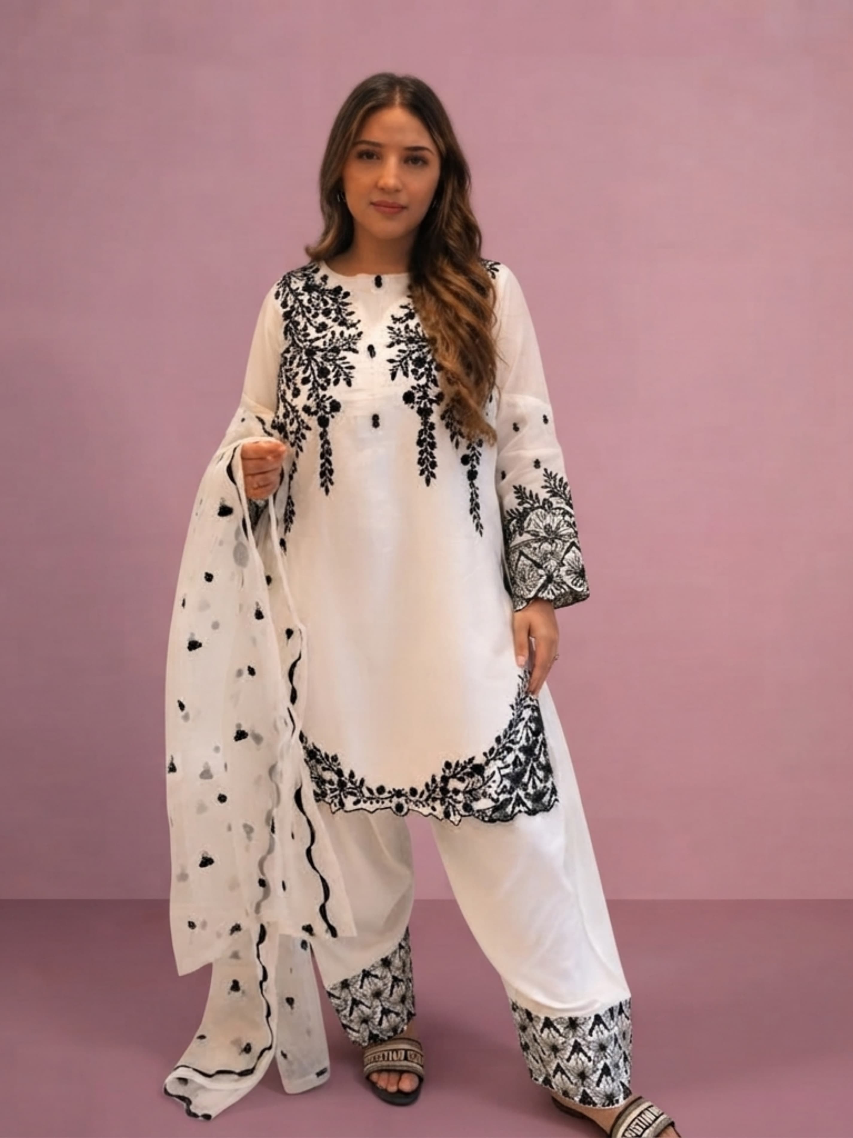 B12W Live-exclusive white black trending farshi women’s farshi shalwar kameez with added sequin embroidery traditional Pakistani Indian image 1