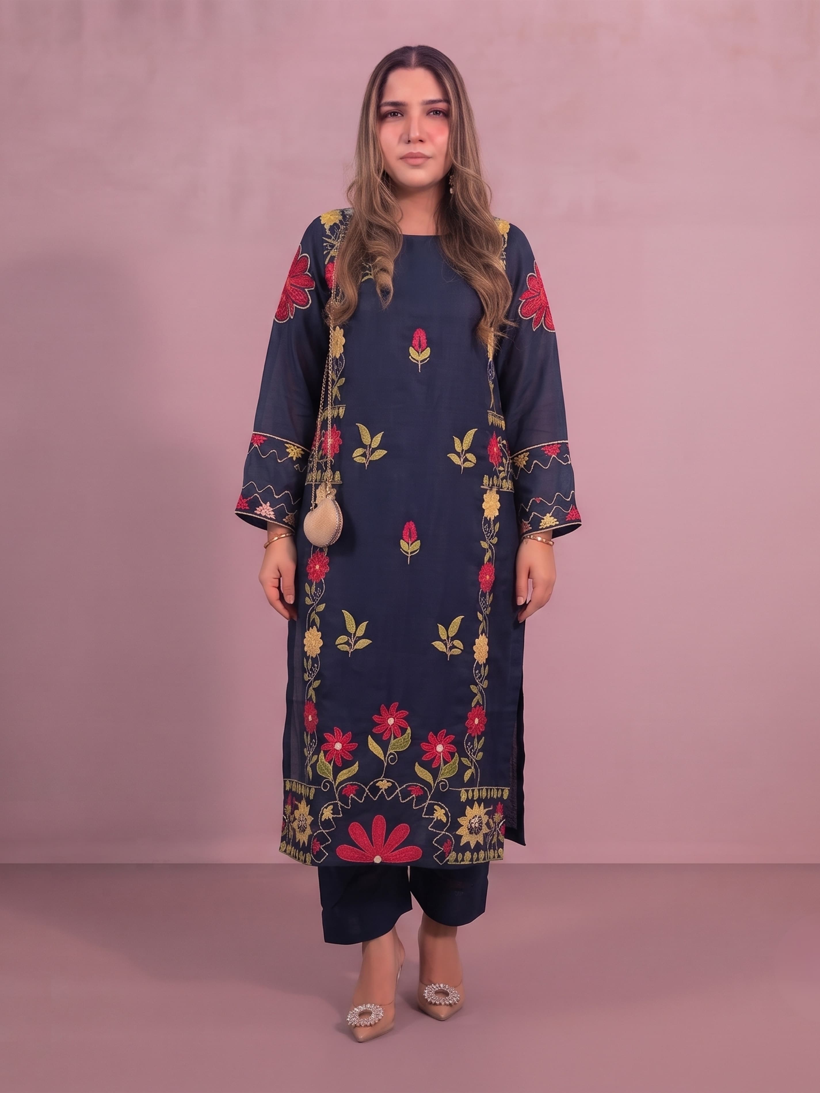 J2SA Navy Embroidered Silk Coord Set Long Length salwar kameez kaftan style length length modest wear women’s summer set image 2