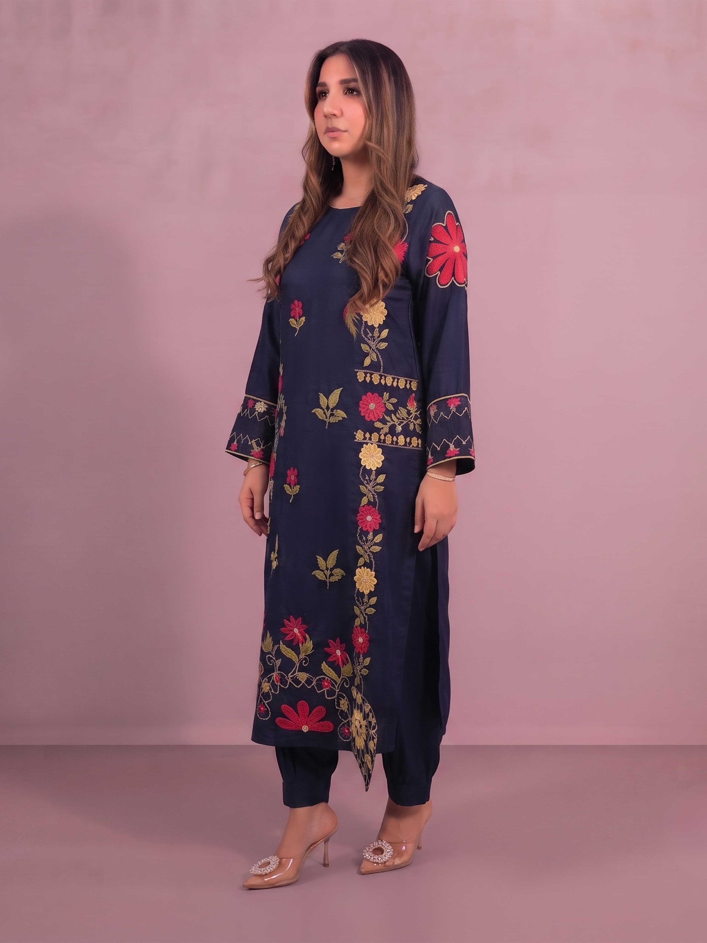 J2SA Navy Embroidered Silk Coord Set Long Length salwar kameez kaftan style length length modest wear women’s summer set image 3