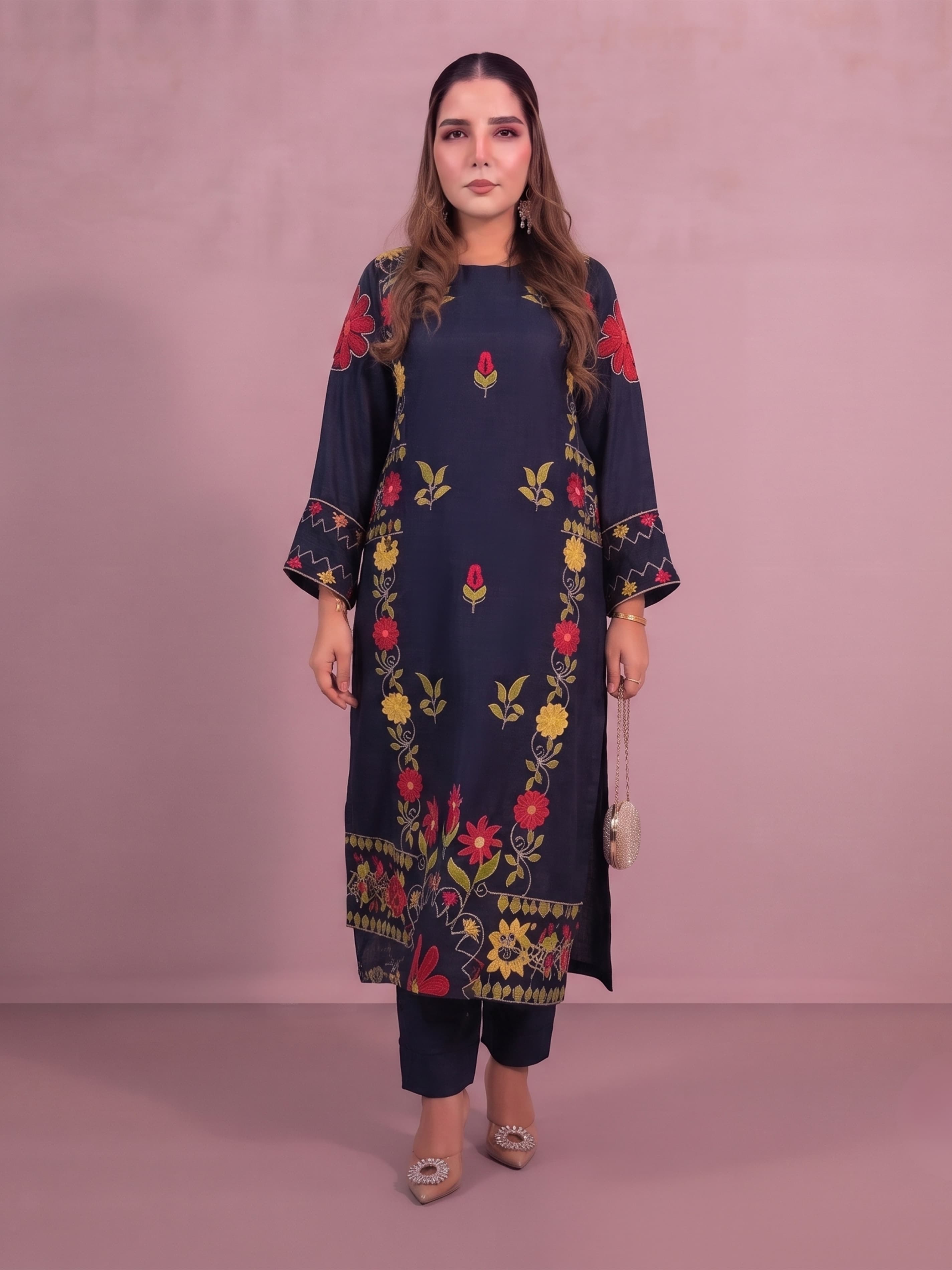 J2SA Navy Embroidered Silk Coord Set Long Length salwar kameez kaftan style length length modest wear women’s summer set image 1