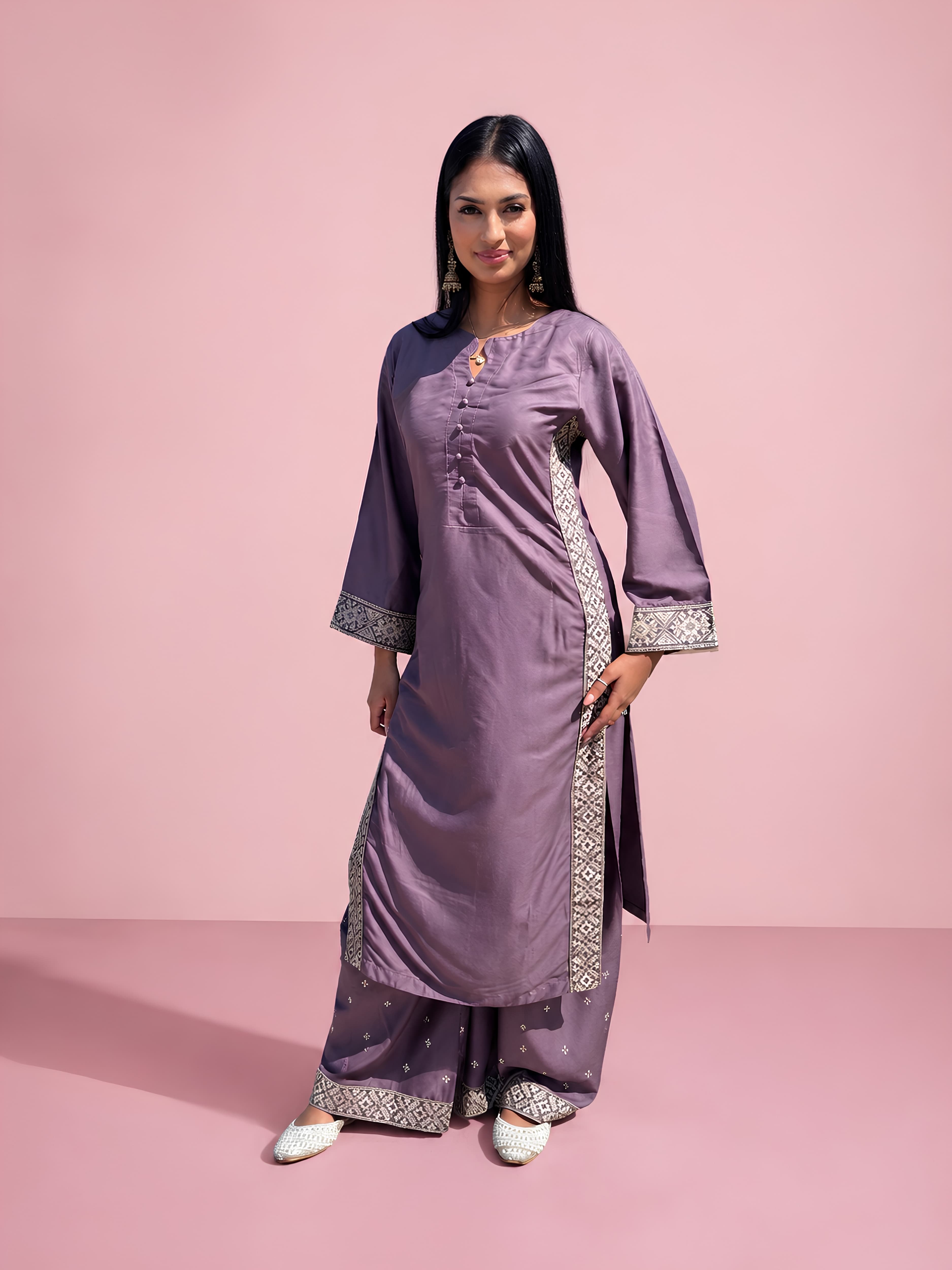 RVG linen 2pc Palazzo Embroidered Trouser modern modest trending viral women’s sets image 2