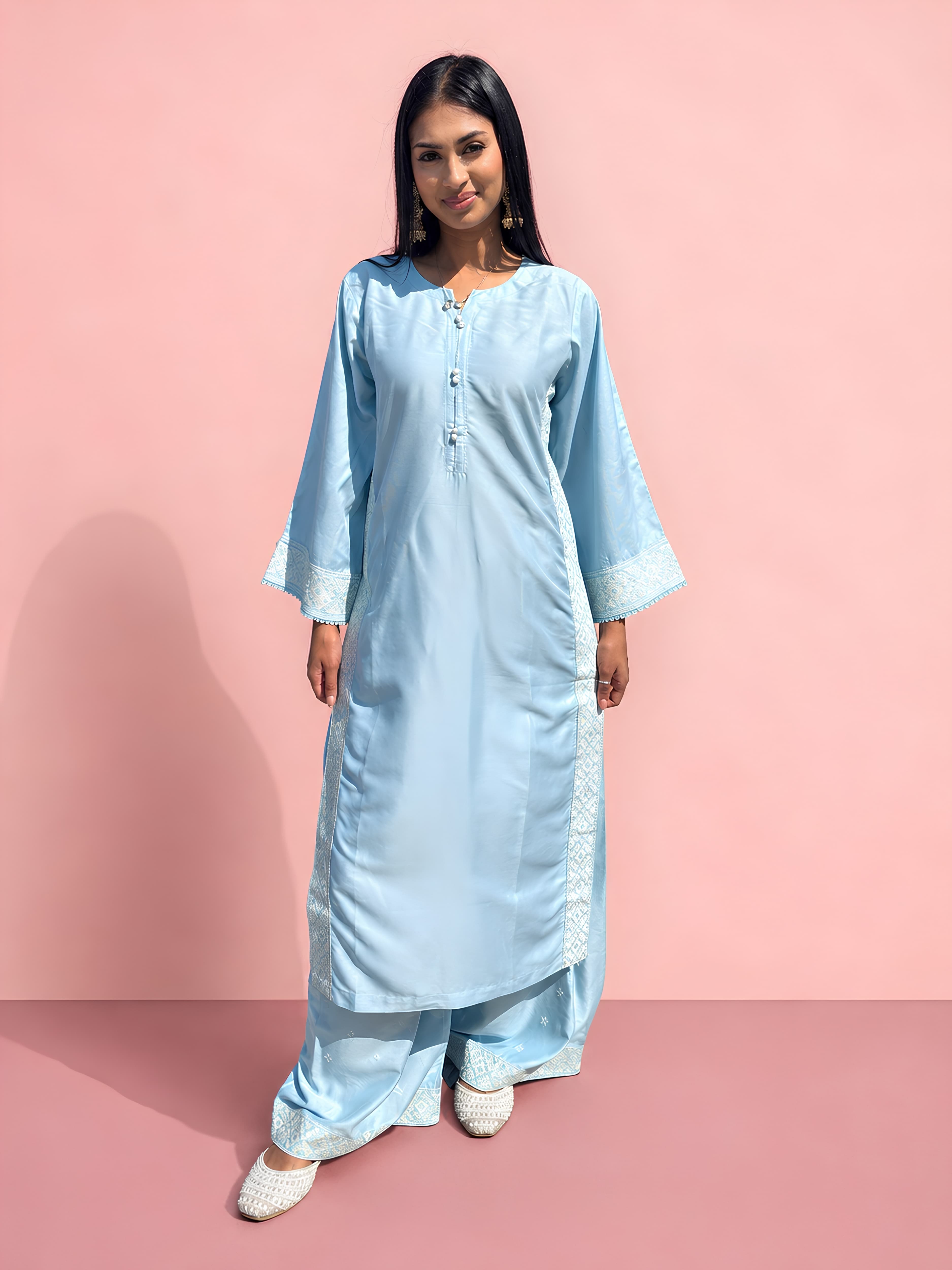RVG linen 2pc Palazzo Embroidered Trouser modern modest trending viral women’s sets image 4