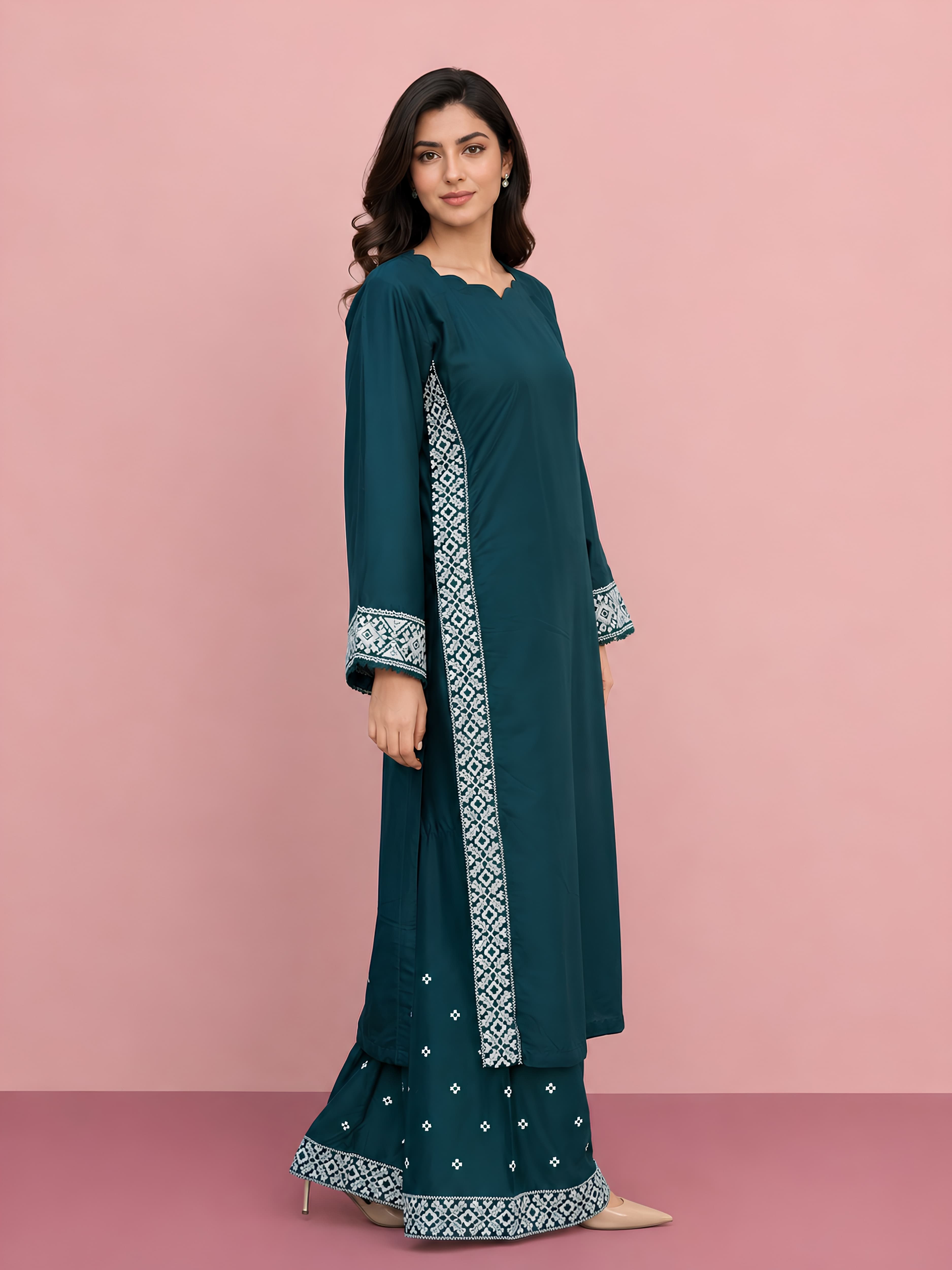 RVG linen 2pc Palazzo Embroidered Trouser modern modest trending viral women’s sets image 6