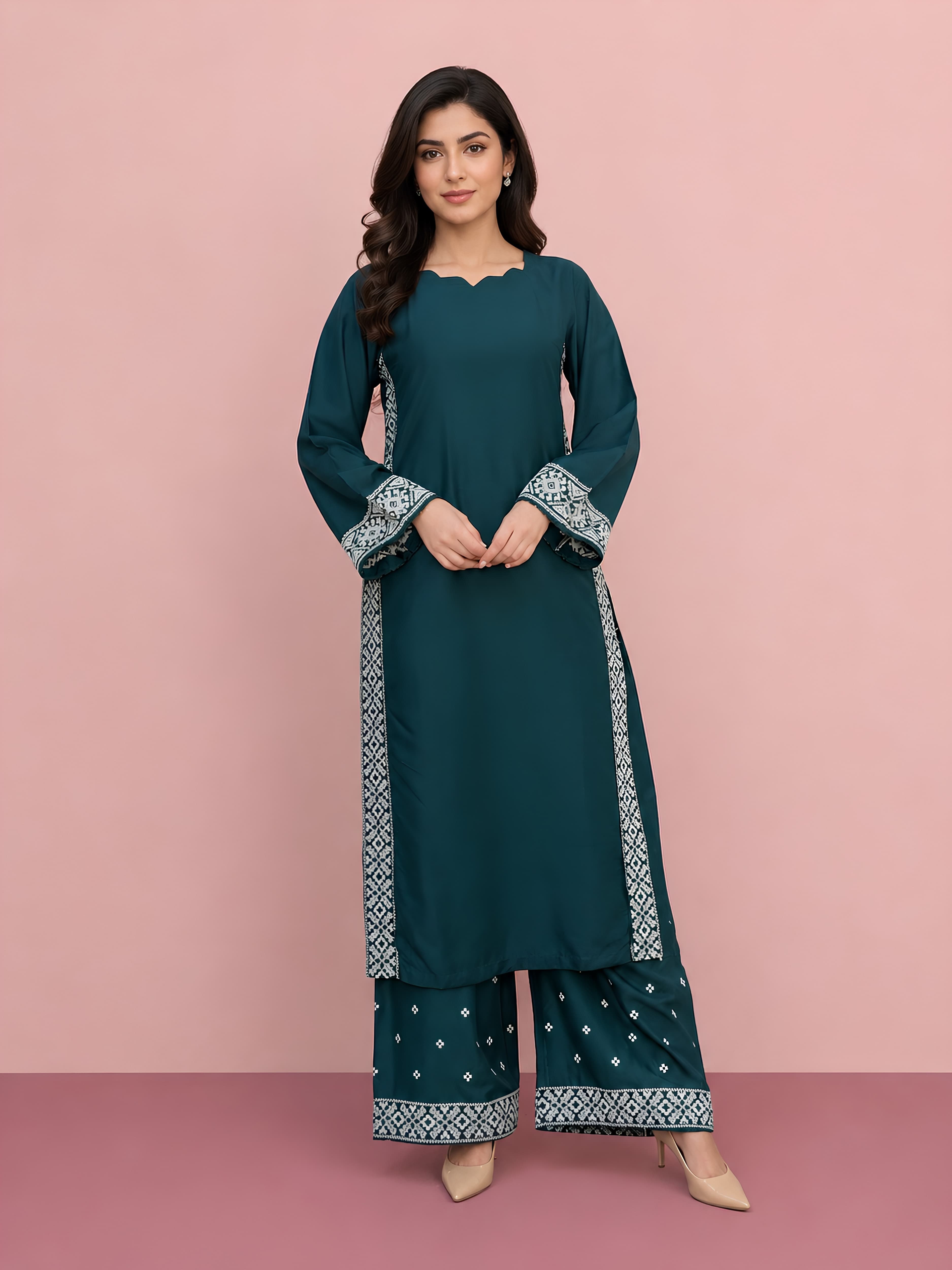 RVG linen 2pc Palazzo Embroidered Trouser modern modest trending viral women’s sets image 5