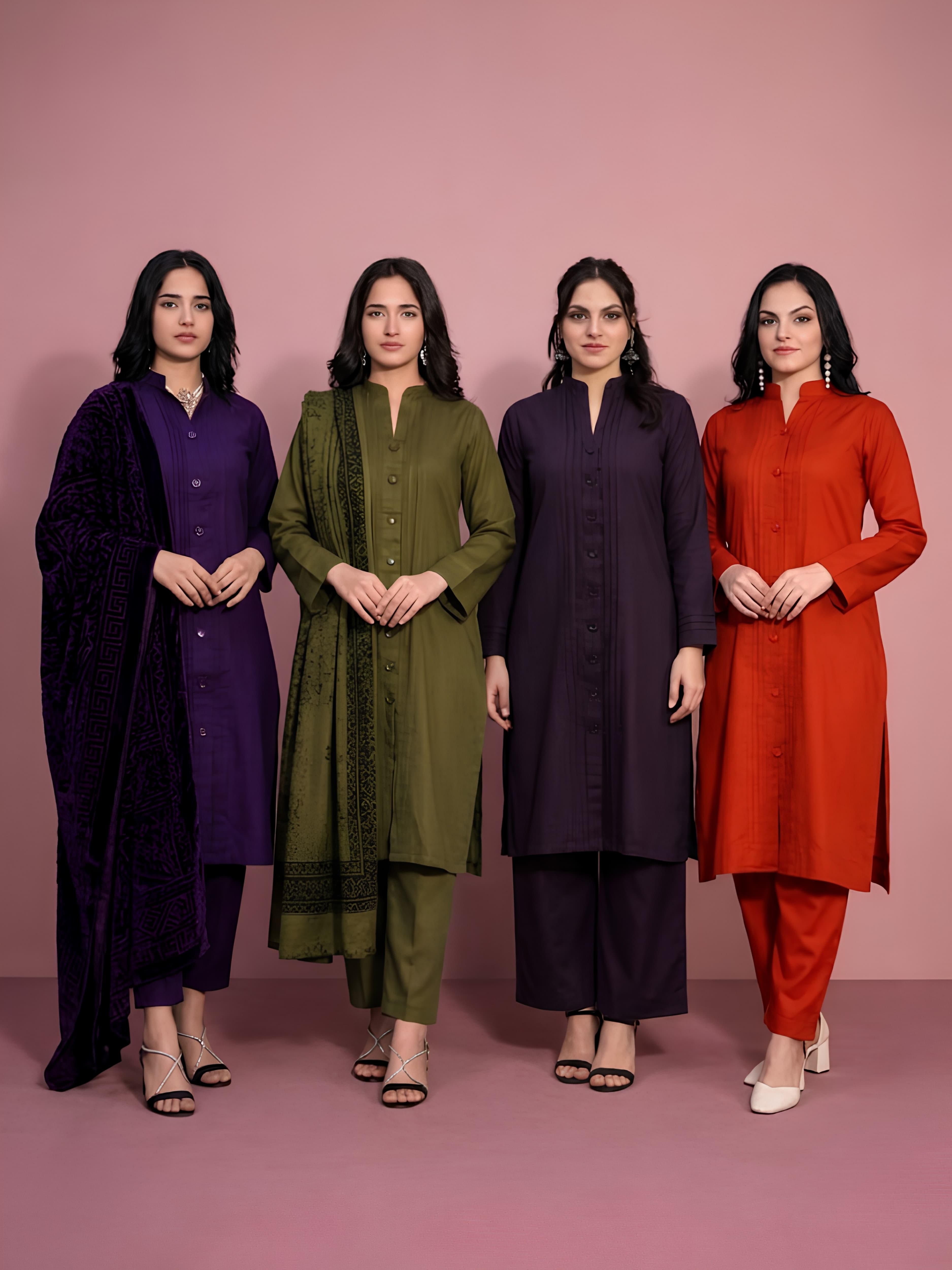 971A new simple dhanak material with Palachi scarf pleated kameez with button detailed salwar kameez Pakistani Indian tradtional fashion causal wear womenswear causal everyday wear warm image 1