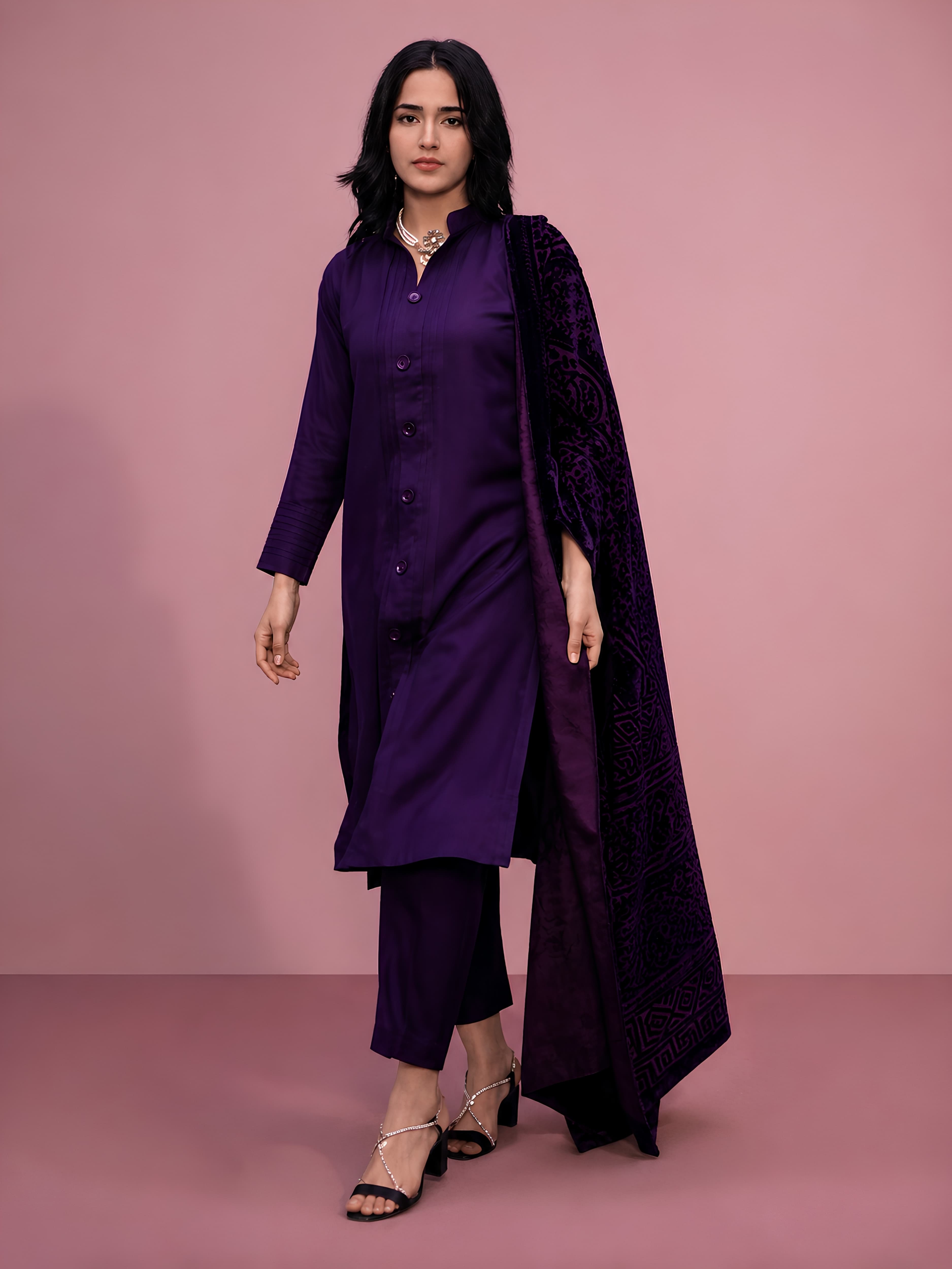 971A new simple dhanak material with Palachi scarf pleated kameez with button detailed salwar kameez Pakistani Indian tradtional fashion causal wear womenswear causal everyday wear warm image 2