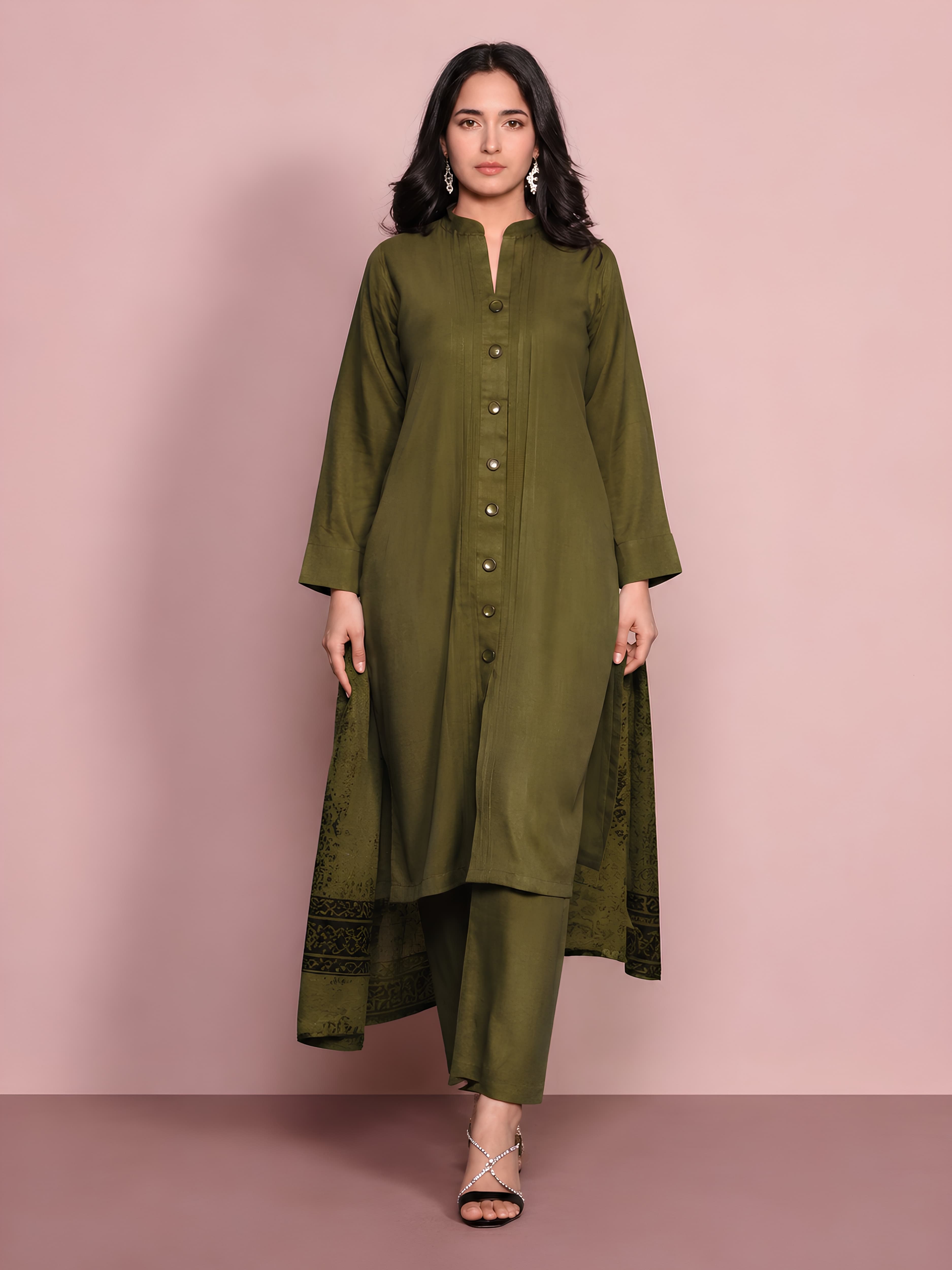 971A new simple dhanak material with Palachi scarf pleated kameez with button detailed salwar kameez Pakistani Indian tradtional fashion causal wear womenswear causal everyday wear warm image 3