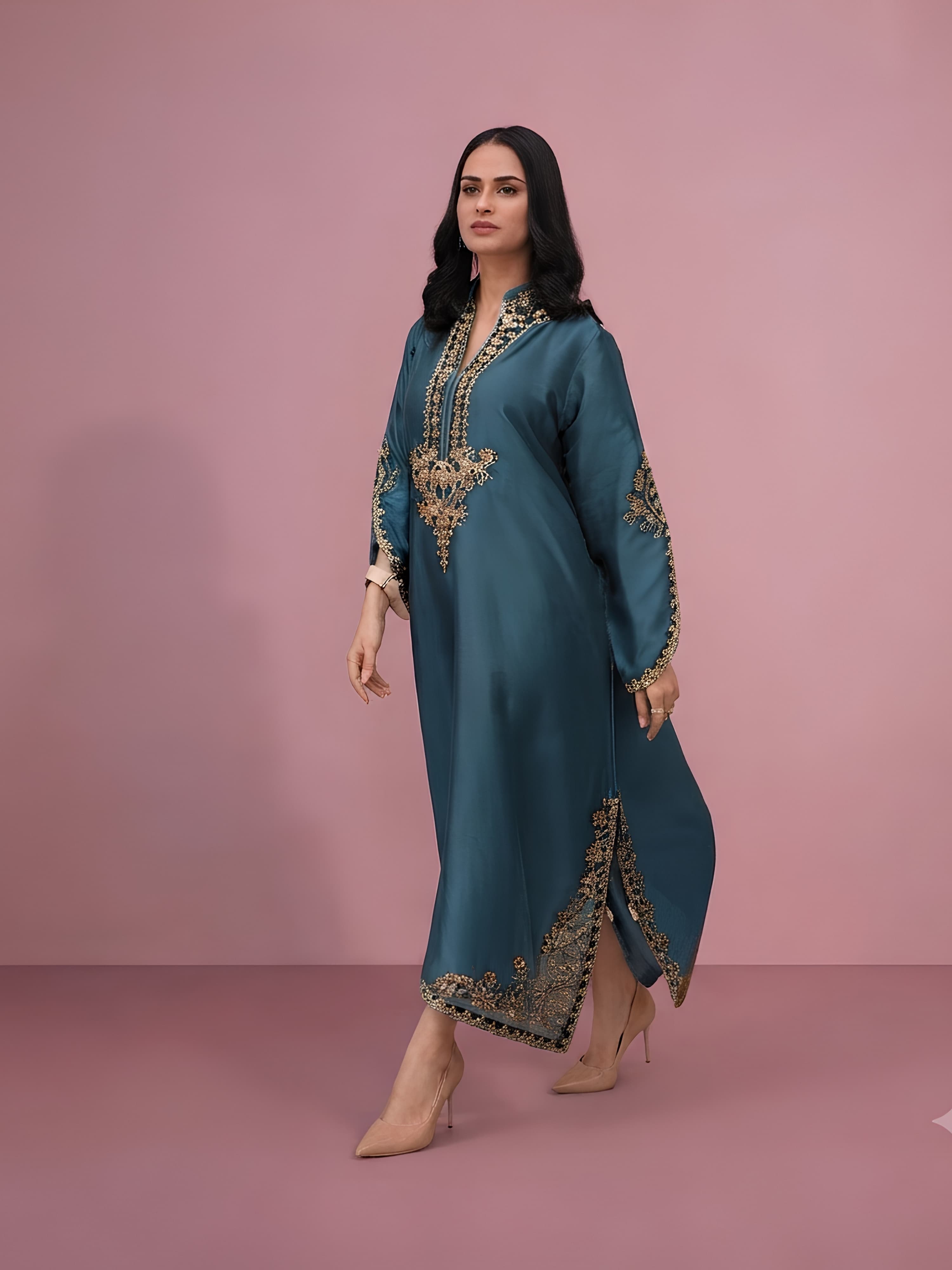 U423 Relax Fit Sheesha Silk Kaftan Luxury Embroidered Long Length Modest Wear hand emblishment womenswear summer style image 2