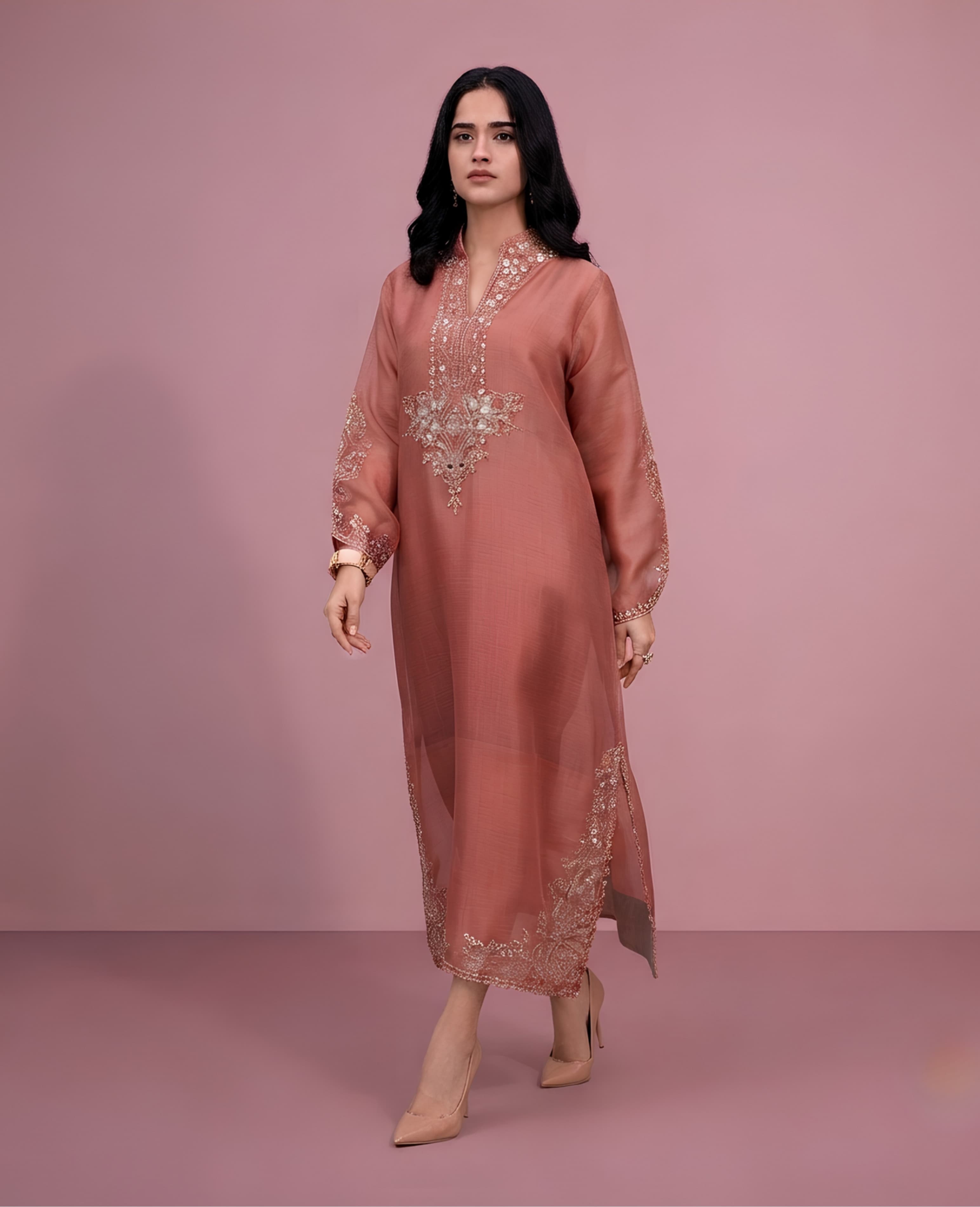 U423 Relax Fit Sheesha Silk Kaftan Luxury Embroidered Long Length Modest Wear hand emblishment womenswear summer style image 4