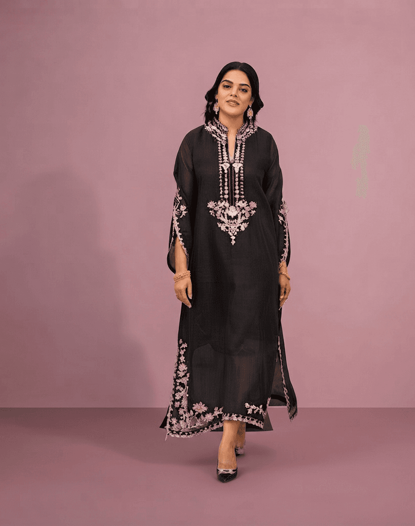U423 Relax Fit Sheesha Silk Kaftan Luxury Embroidered Long Length Modest Wear hand emblishment womenswear summer style image 5