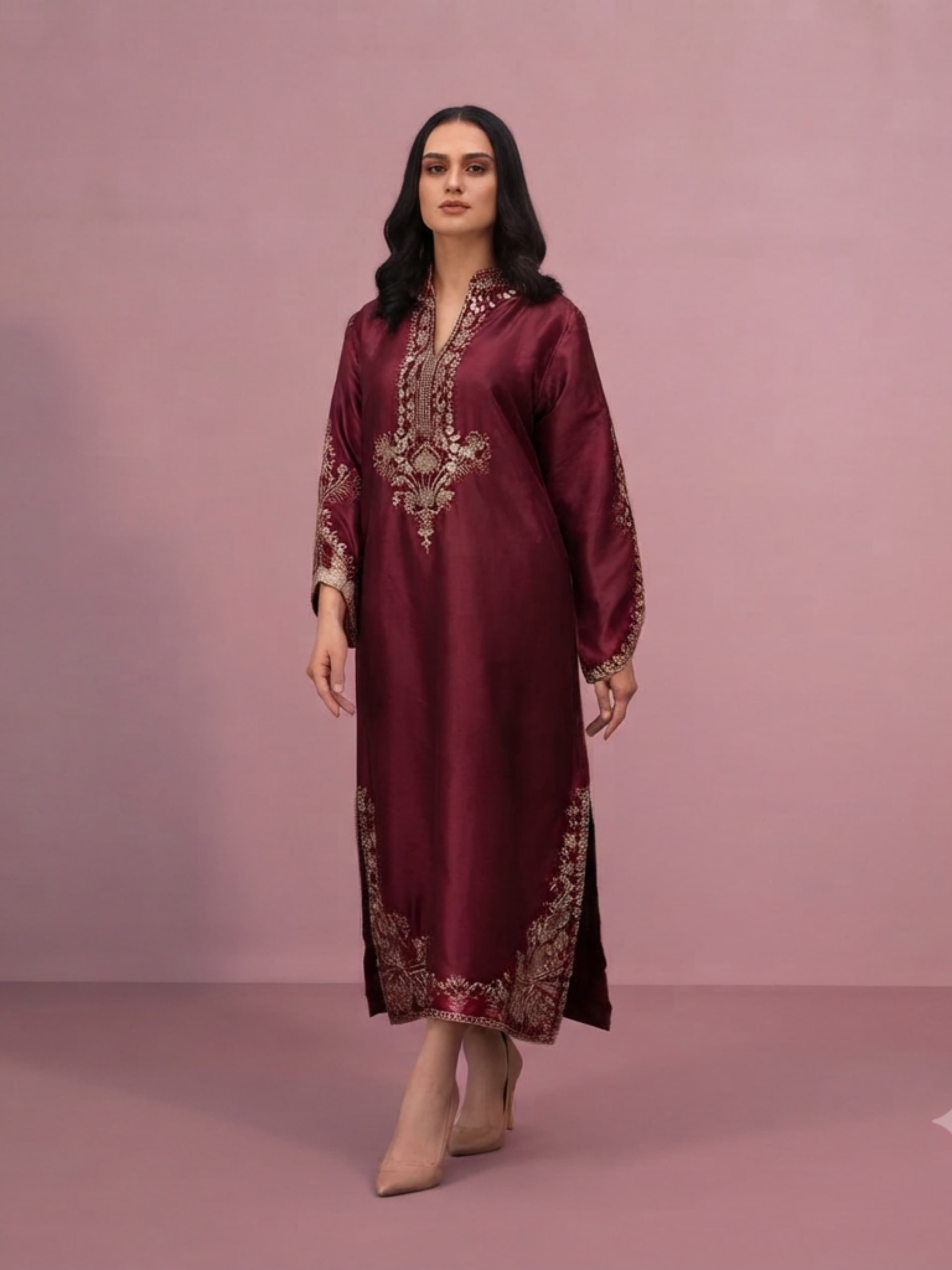 U423 Relax Fit Sheesha Silk Kaftan Luxury Embroidered Long Length Modest Wear hand emblishment womenswear summer style image 6